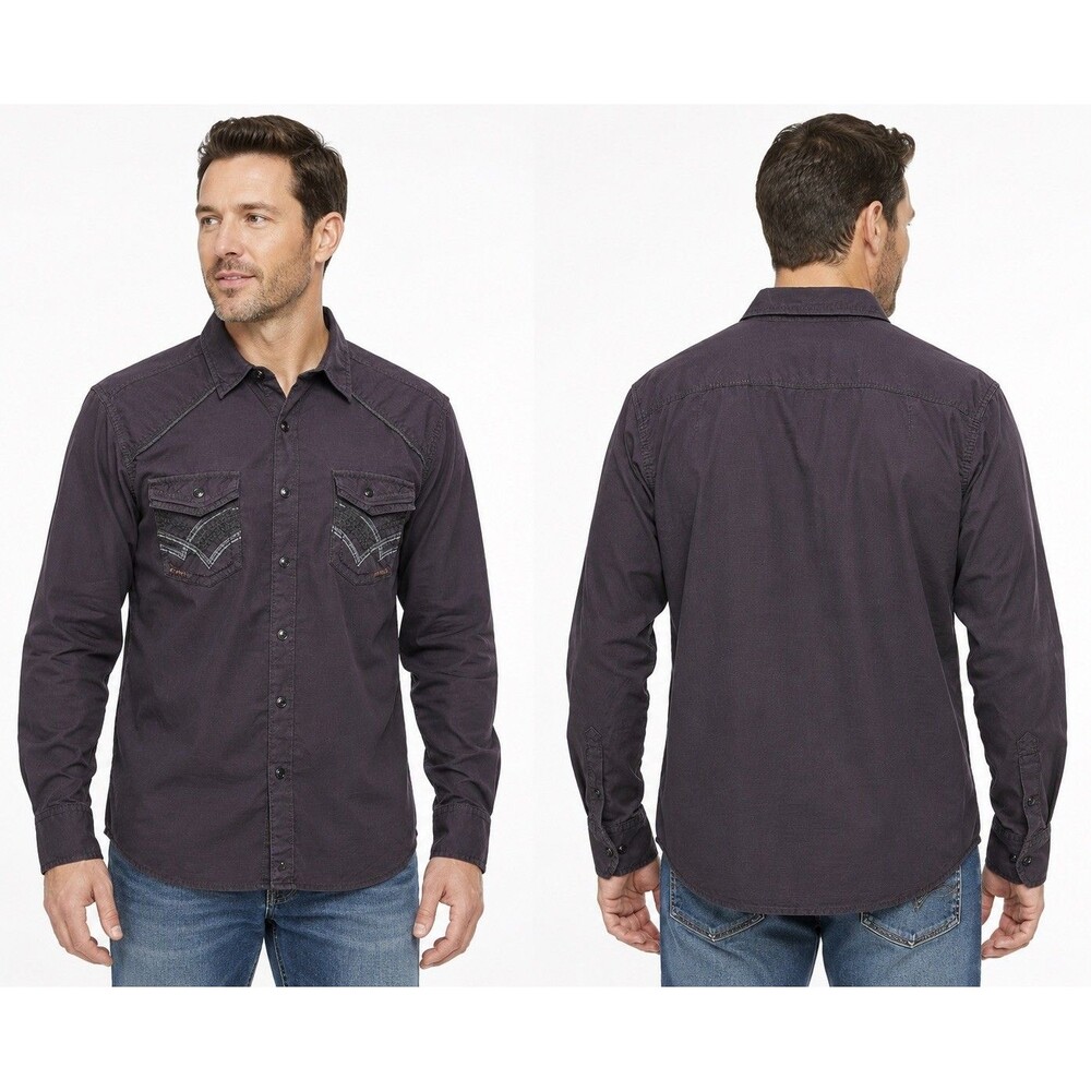 Buckle Black Men’s M Western Snap Shirt Faux Snakeskin Pockets Dark Purple